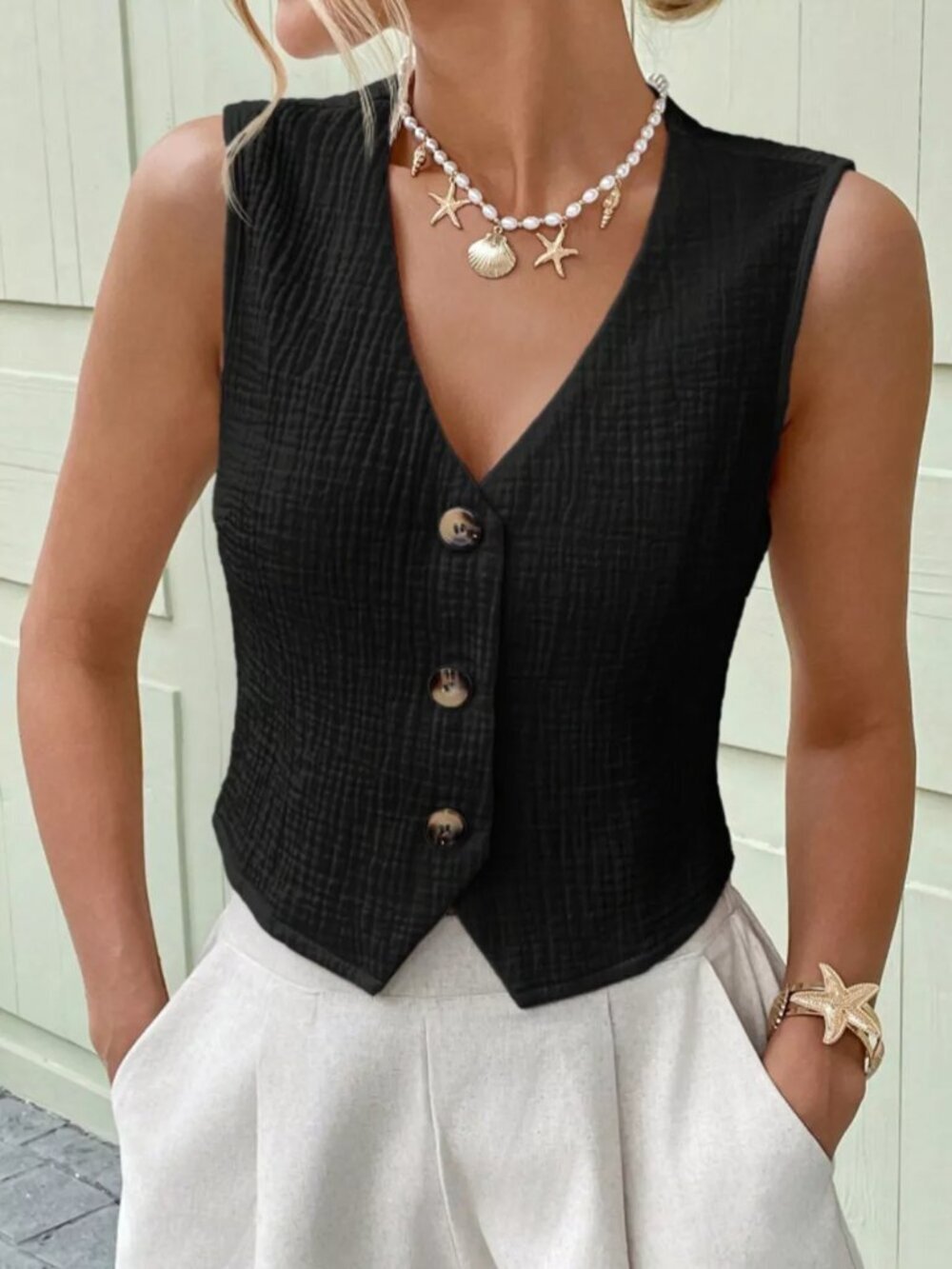 Textured Button-Front Vest - Picture 7 of 14